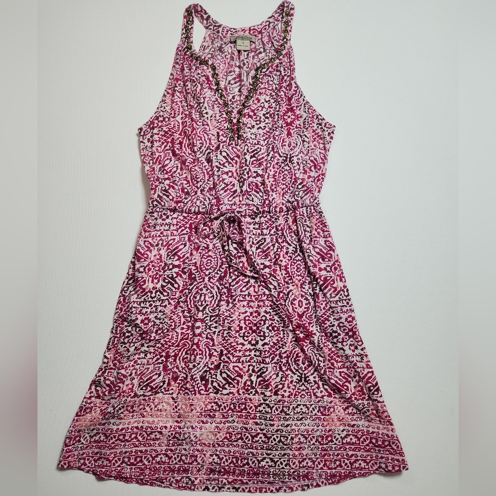 Lucky Brand Pink Ikat Print Beaded Neckline Sleeveless Dress Size S